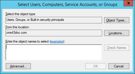 Windows Select Users, Computers, Service Accounts, or Groups dialog box with buttons for selecting Object Types and Locations and a field for entering object names, as well as an Advanced button and a Cancel button at the bottom and a Close button in the top right corner